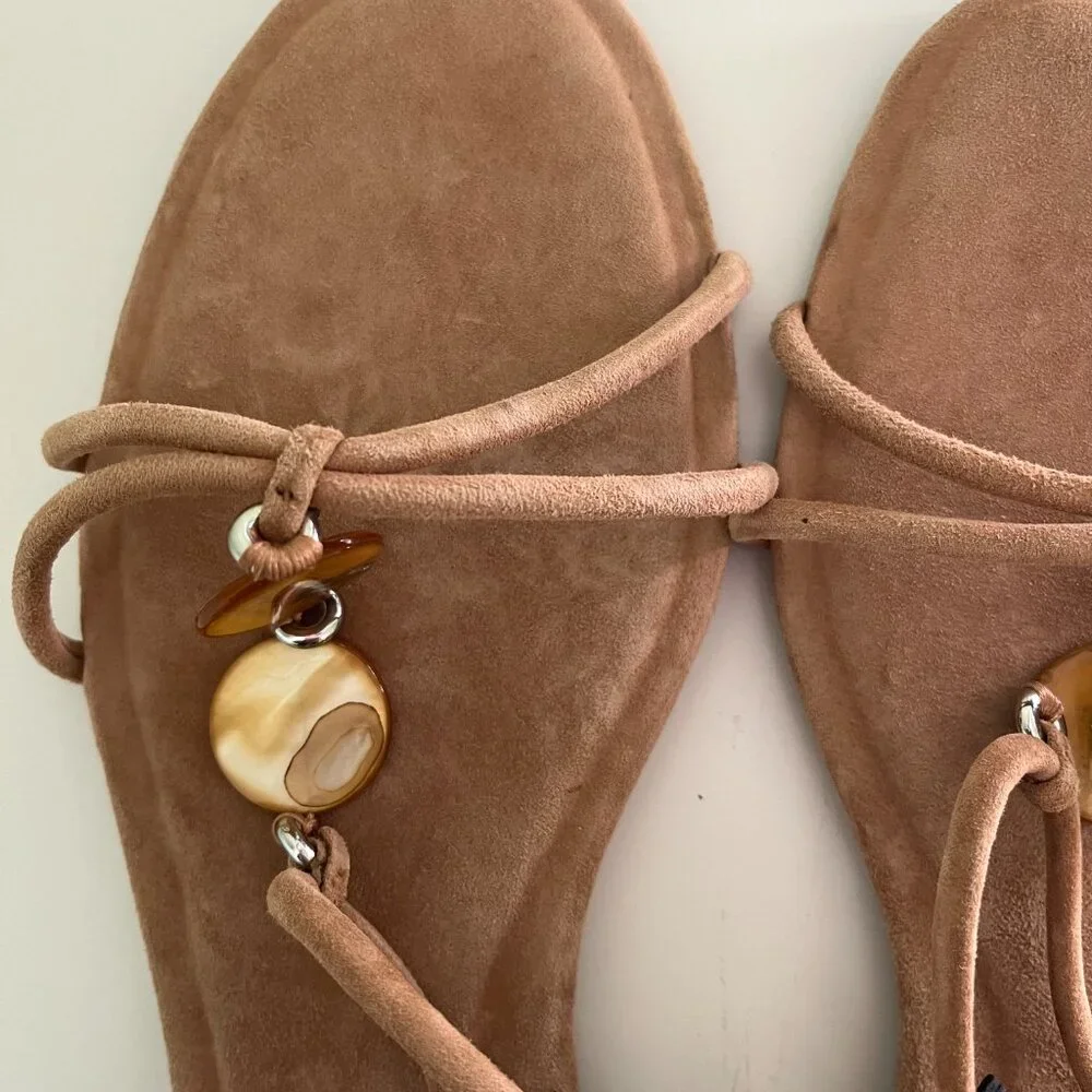 Zara Leather Sandals Embellished Front Beads Round toe Ankle buckle strap Sz 10 - Picture 9 of 12
